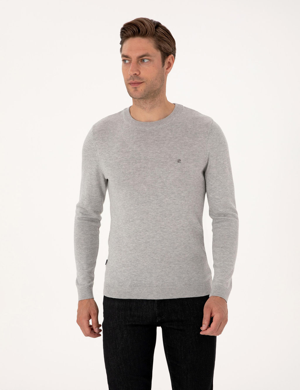 A__k Gri Melanj Slim Fit Bisiklet Yaka Basic Triko Kazak