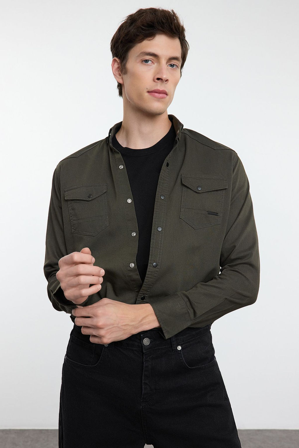 TRENDYOL MAN Koyu Haki Regular Cift Cepli Denim Kot Gomlek TMNSS24GO00081 - Trendyolmilla фото 3