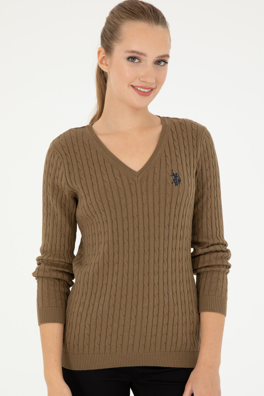 Женский базовый свитер темно-хаки с v-образным вырезом Неожиданная скидка в корзине - U.s. polo assn фото 3