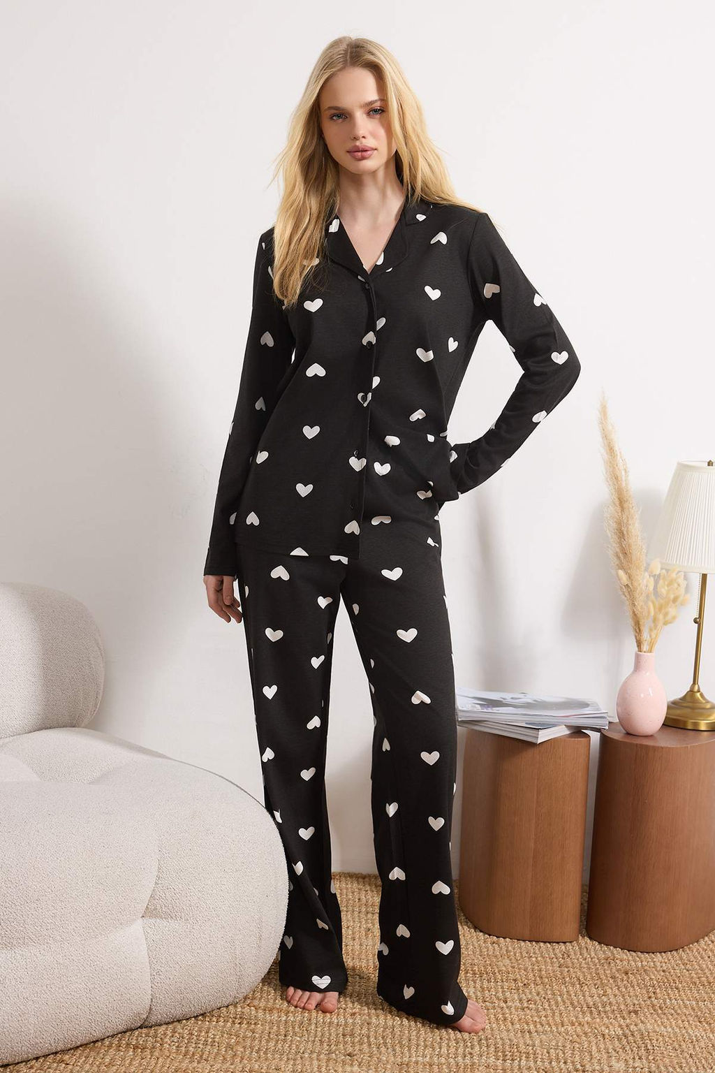 Siyah %100 Pamuklu Kalpli Orme Pijama Tak?m? THMAW21PT0548