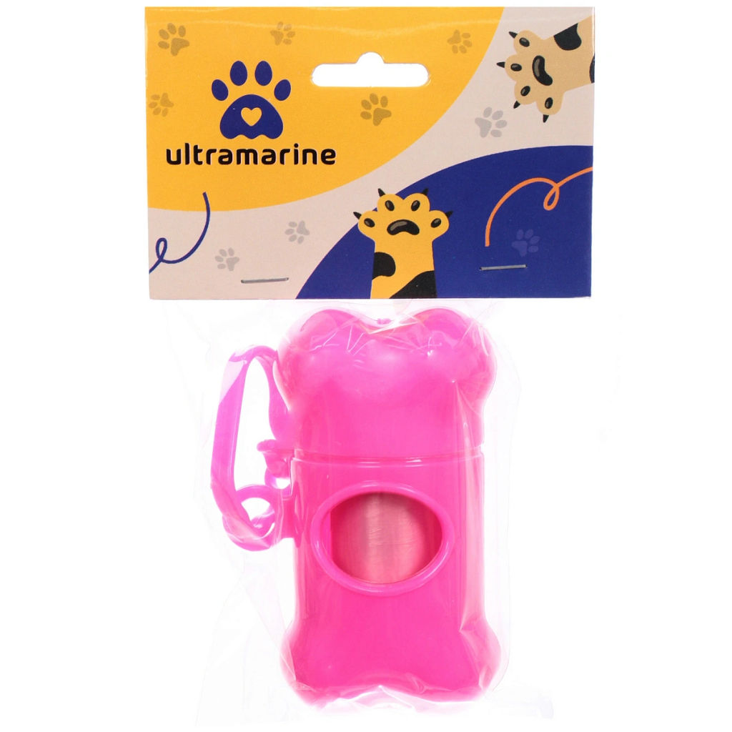 Цена за 6 шт. Контейнер с пакетами для уборки за собакой с карабином,15 шт пакетов, розовый цвет Ultramarine
