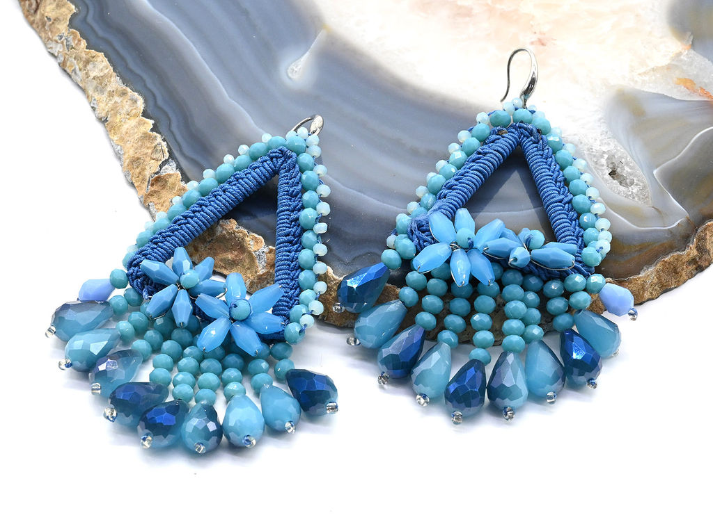 Серьги ручной работы с цирконами в оплетении цв.синий