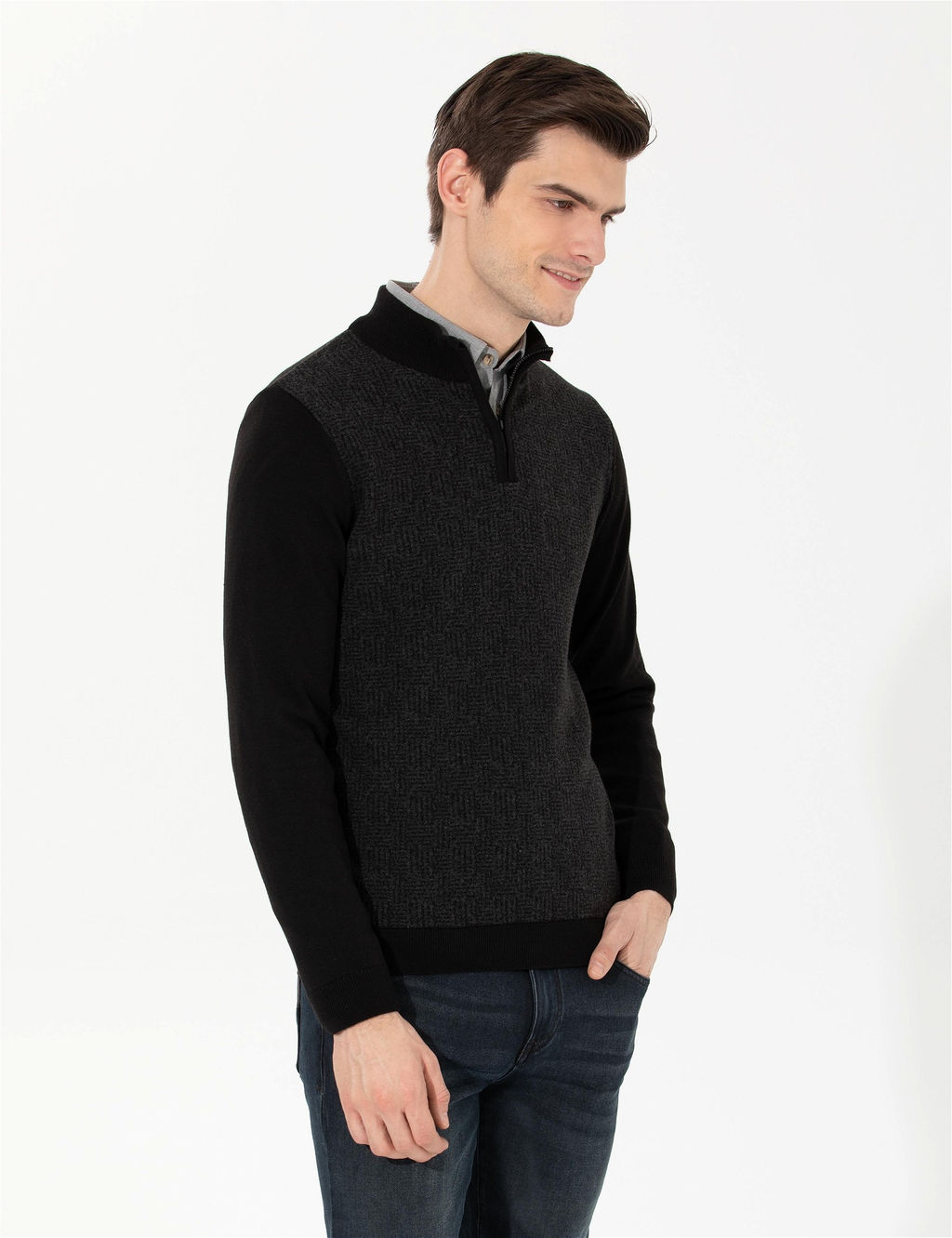 Siyah Slim Fit Fermuarl_ Dik Yaka Triko Kazak - Pierre cardin фото 3