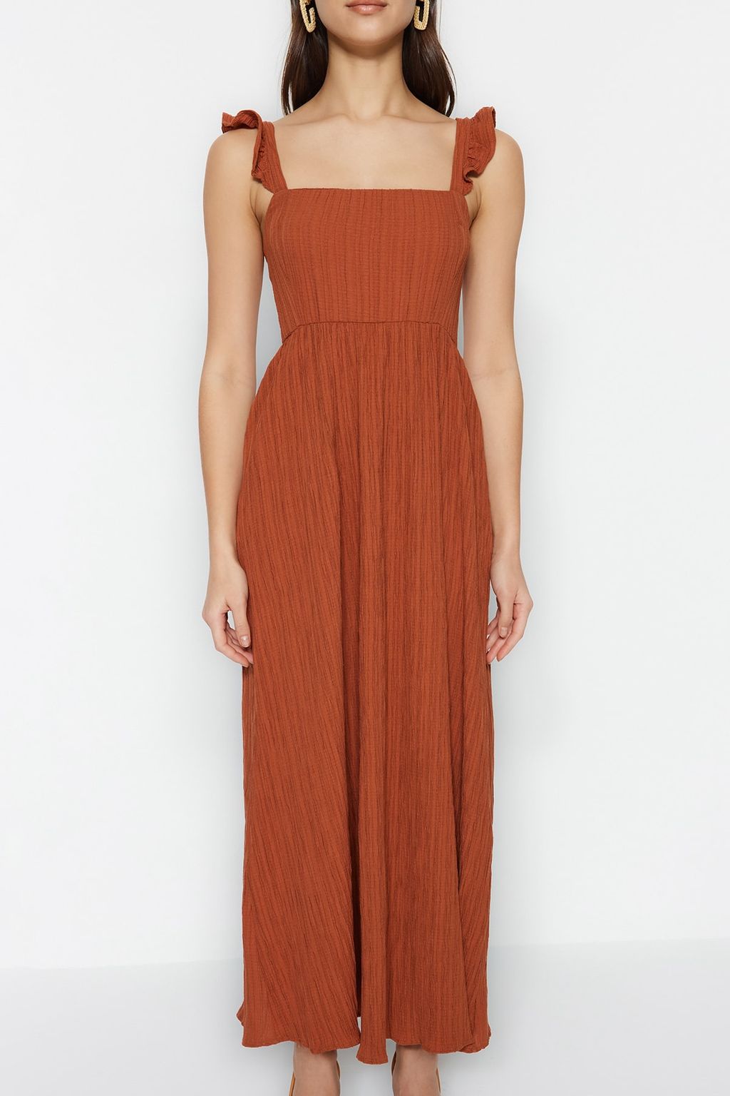 Tarc?n Duz Kesim Kare Yaka F?rf?r Detayl? Maxi Dokuma Elbise TWOSS23EL02273 - Trendyolmilla фото 3