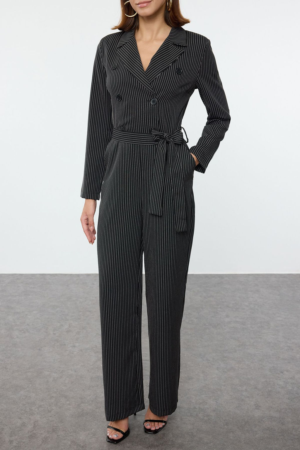 TRENDYOLMILLA Siyah Kusakl? Cizgili Ceket Yakal? Uzun Tulum TWOAW25TU00007 фото 3