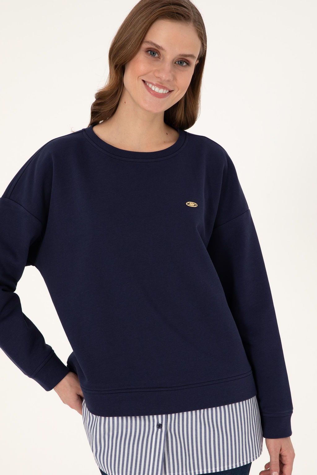 Kad_n Lacivert G_mlek Detayl_ Bisiklet Yaka Sweatshirt