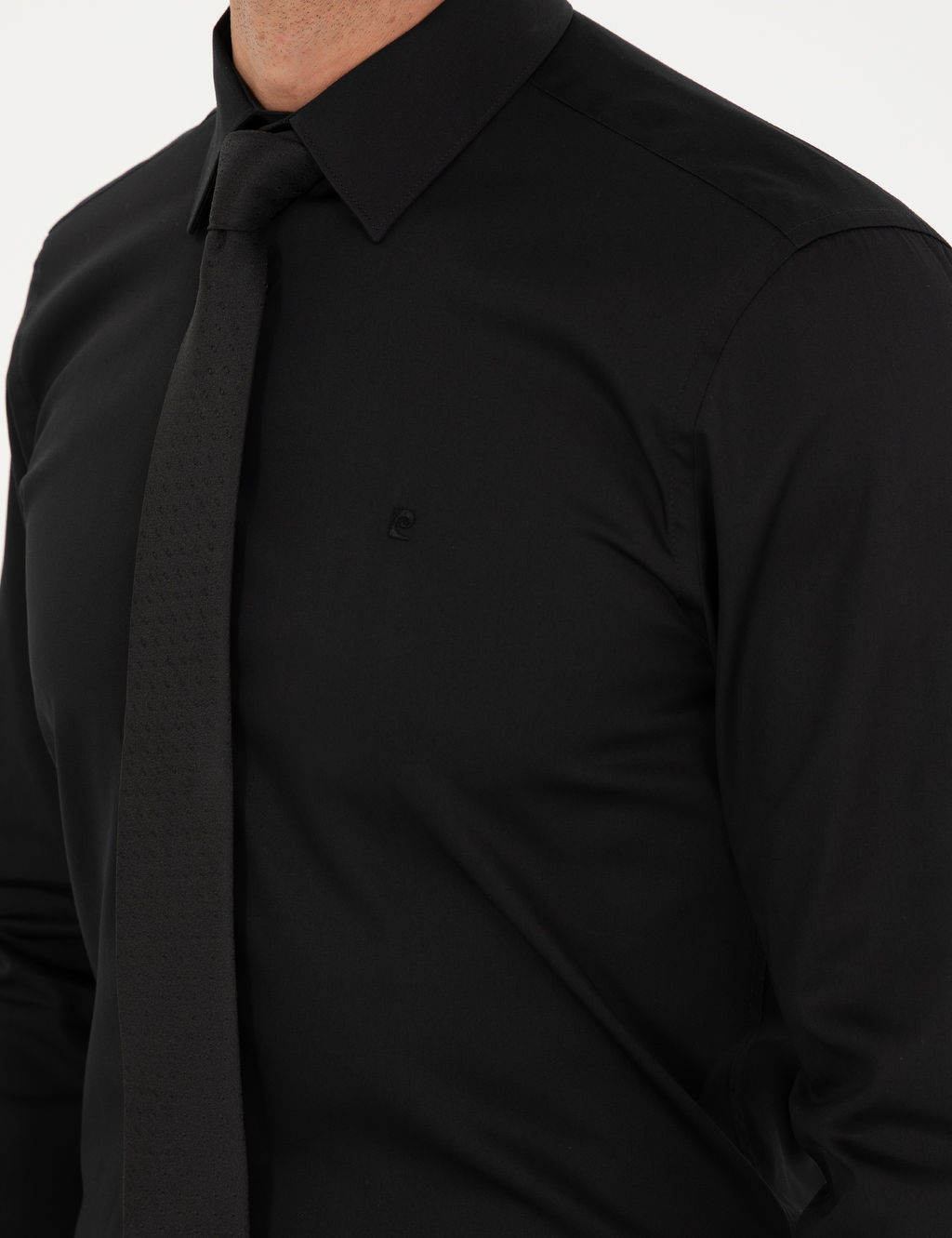 Siyah %100 Pamuk Parlak Saten Slim Fit Uzun Kollu Basic G_mlek