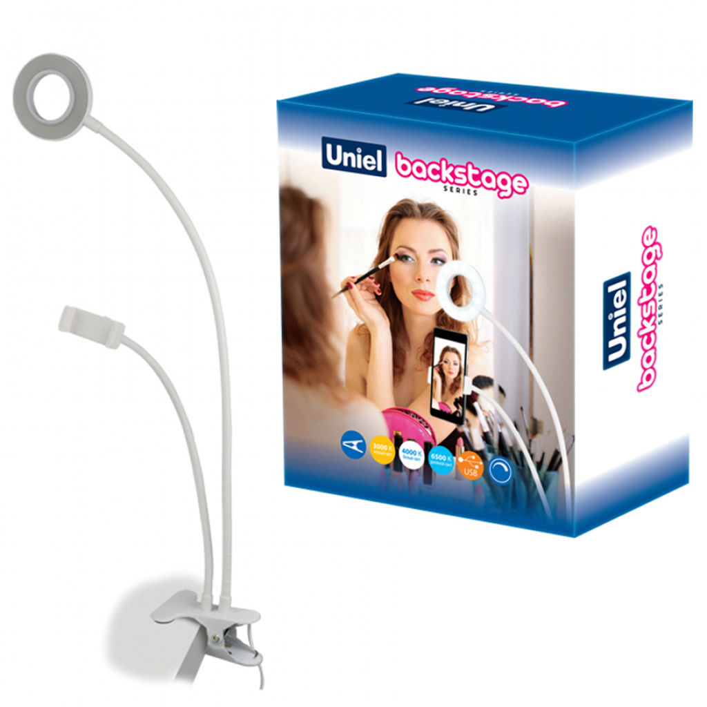 ULK-F51-8W/SW/DIM IP20 WHITE Светильник светодиодный, с диммером и штативом для телефона. Серия Backstage. Теплый свет(3000К)/Белый свет(4000К)/Дневной свет(6500К). Белый. TM Uniel