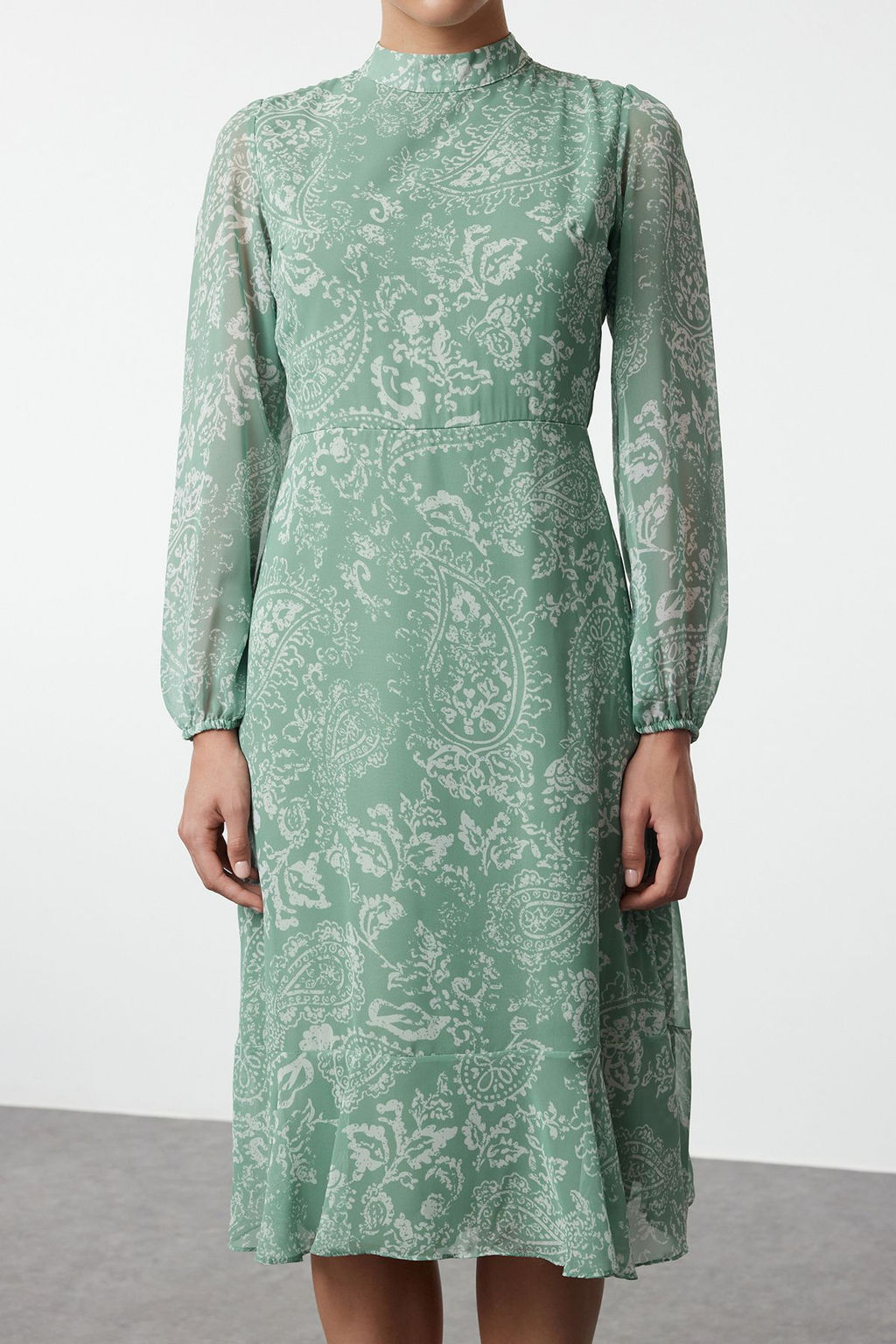 TRENDYOLMILLA Camel Dik Yakal? Etegi Volanl? Sifon Dokuma K?sl?k Elbise TWOAW20EL1313 фото 62