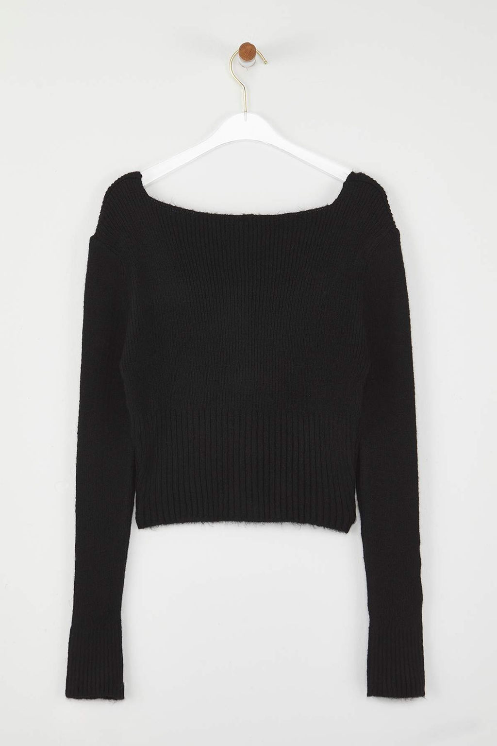 Siyah Crop Kare Yaka Triko Yumusak Dokulu Fitted/Vucudu Saran H?rka TWOAW25HI00178