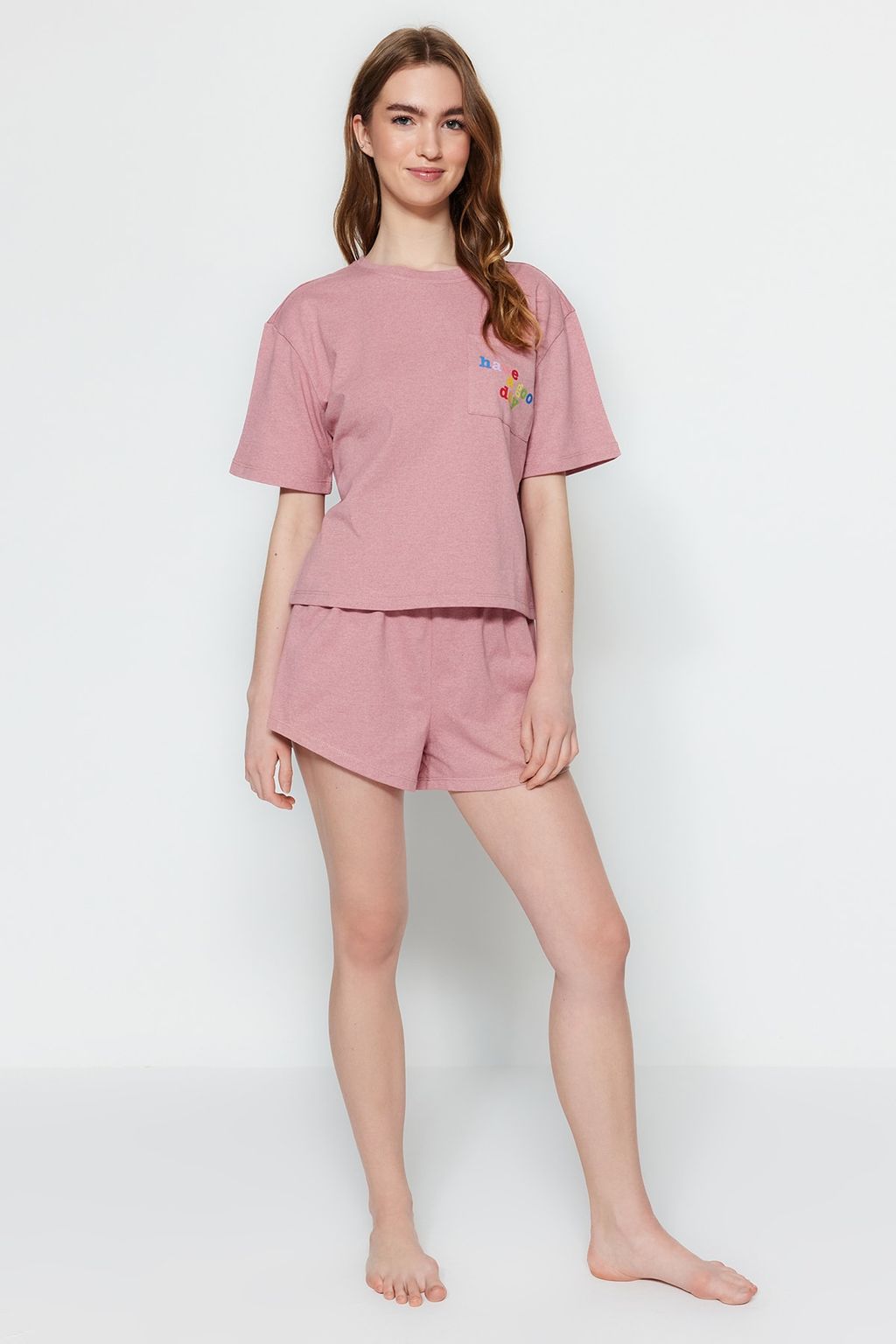 Trendyolmilla Pembe %100 Pamuklu Slogan Bask?l? Sortlu Orme Pijama Tak?m? THMSS23PT00173