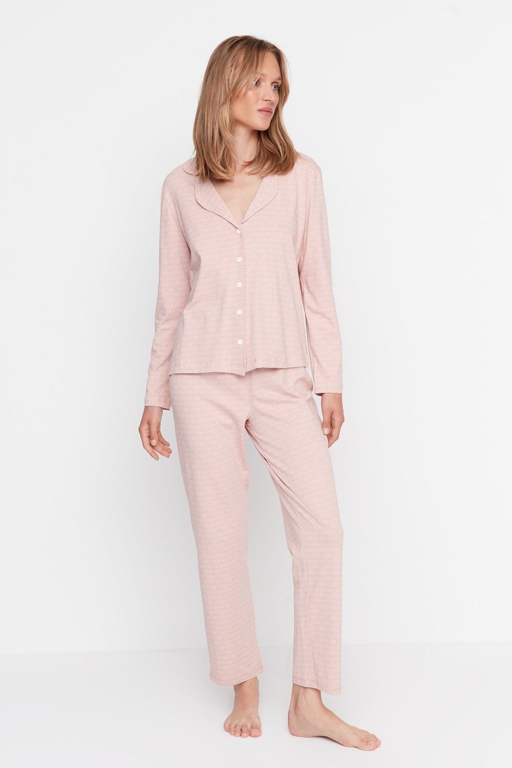 Pudra %100 Pamuklu Bask?l? Orme Pijama Tak?m? THMAW20PT0265