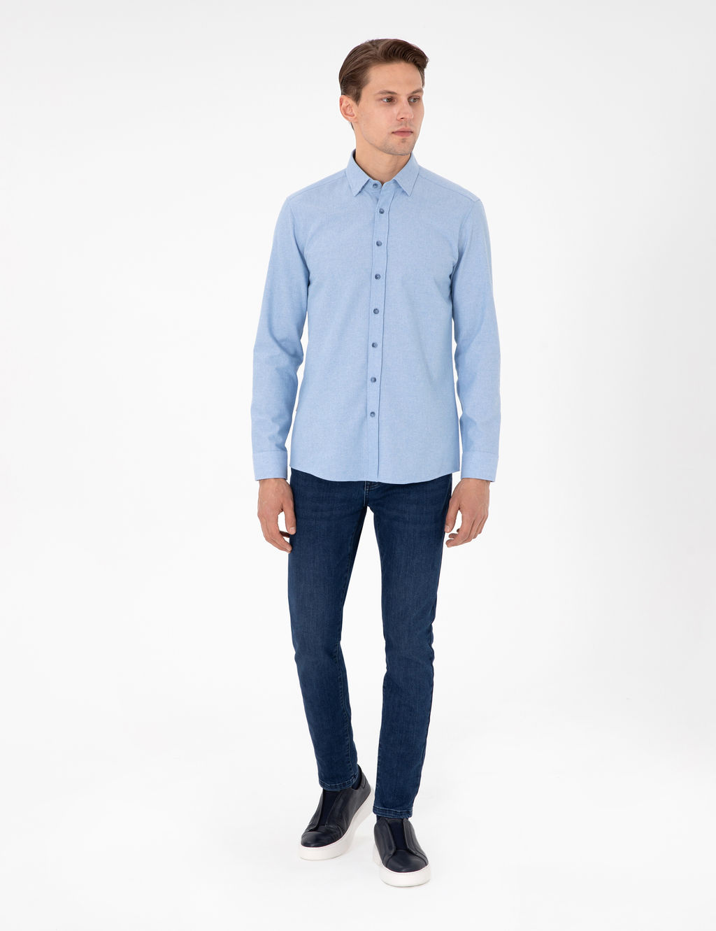 A__k Mavi Slim Fit Uzun Kollu G_mlek