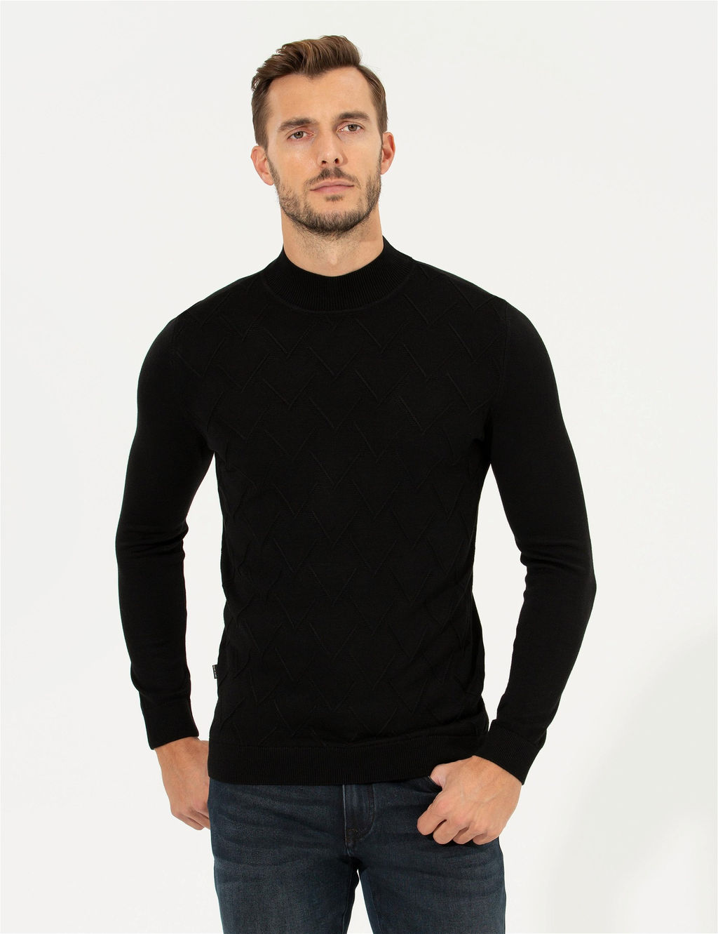 Siyah Slim Fit Bal_k__ Yaka Triko Kazak