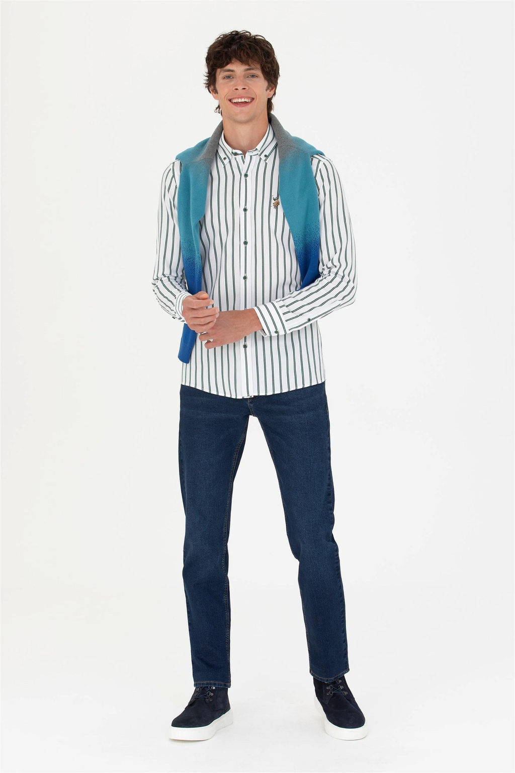U. S. Polo Assn Мужская белая рубашка в зеленую полоску - U.s. polo assn фото 11