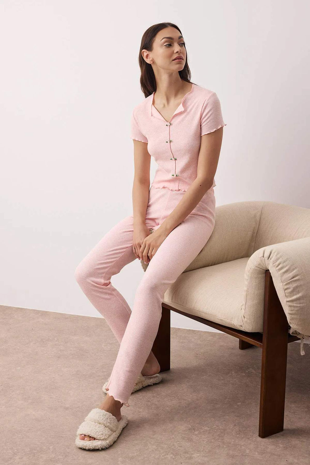 Mint Yaka ve Baby Overlok Detayl? Kiraz Aksesuarl? Fitilli Orme Pijama Tak?m? THMAW26PT00068 - Trendyolmilla фото 2