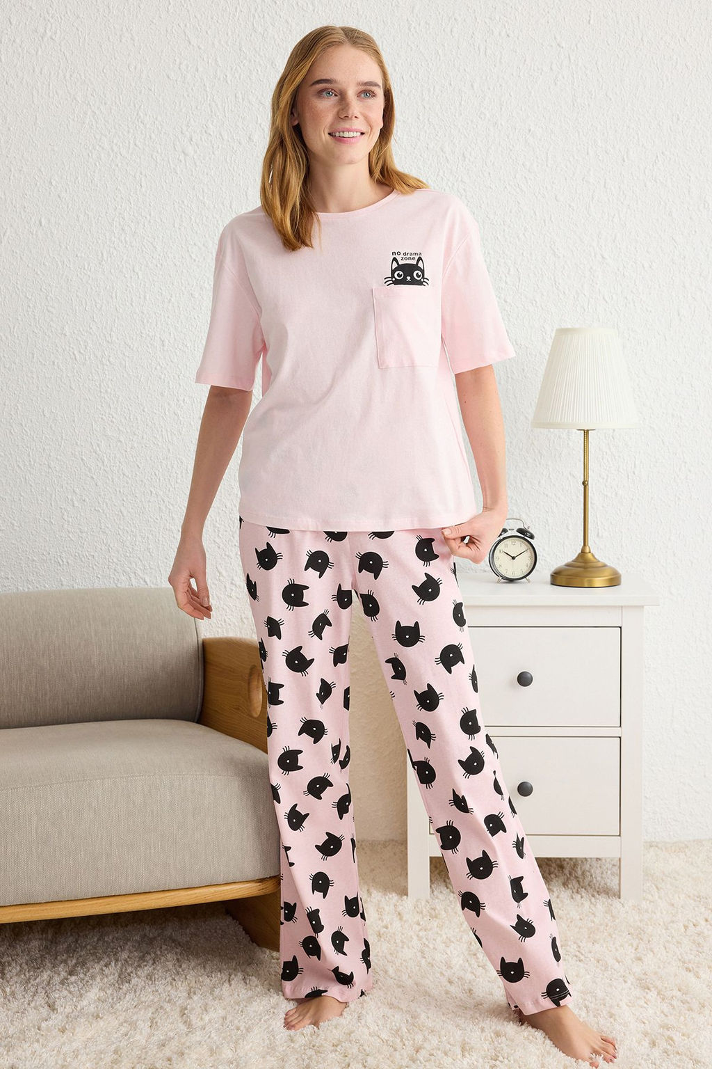 Trendyolmilla Pembe %100 Pamuklu Kedi Desenli Orme Pijama Tak?m? THMSS25PT00161  фото 2