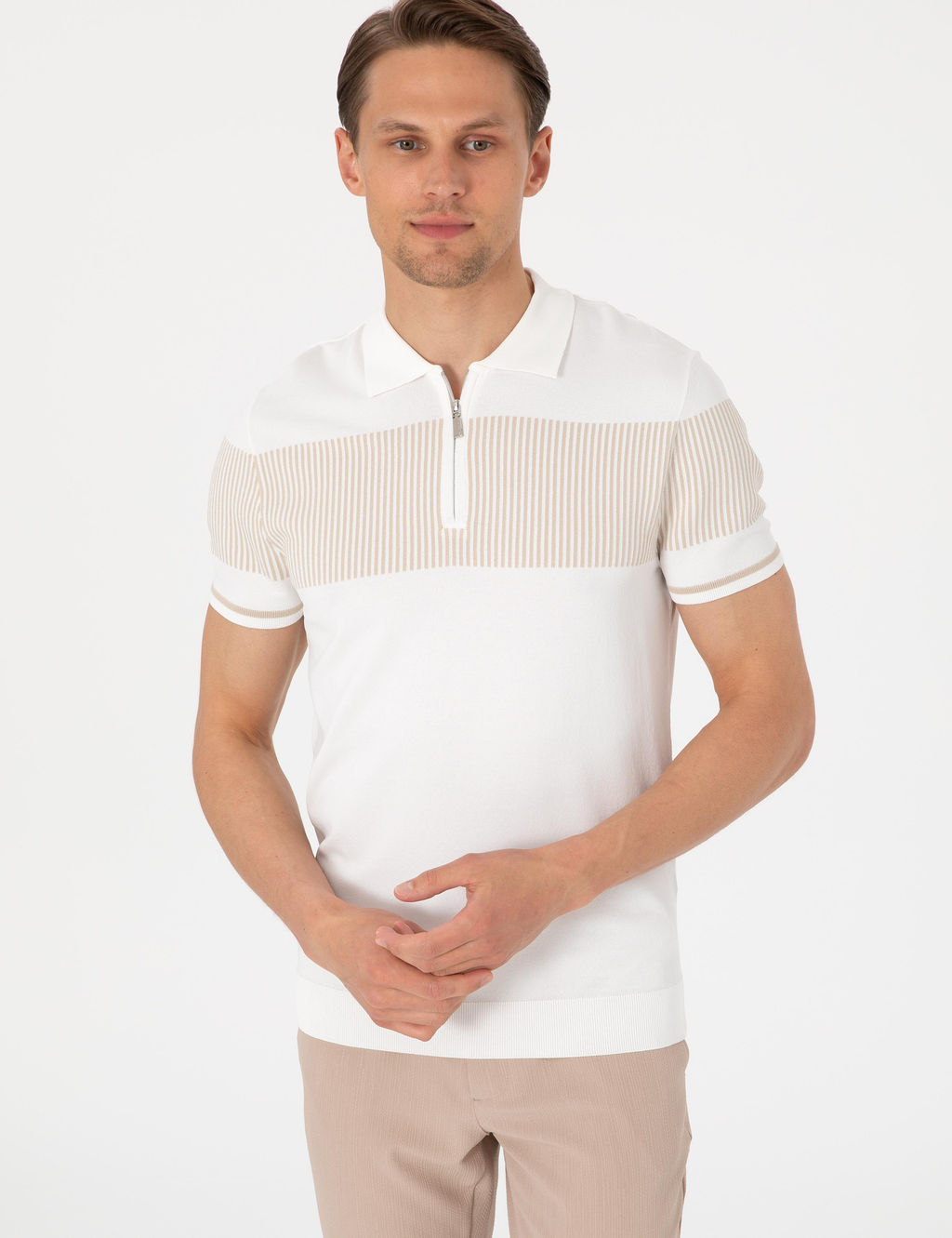 Ekru Slim Fit Fermuarl_ Polo Yaka Triko Ti__rt