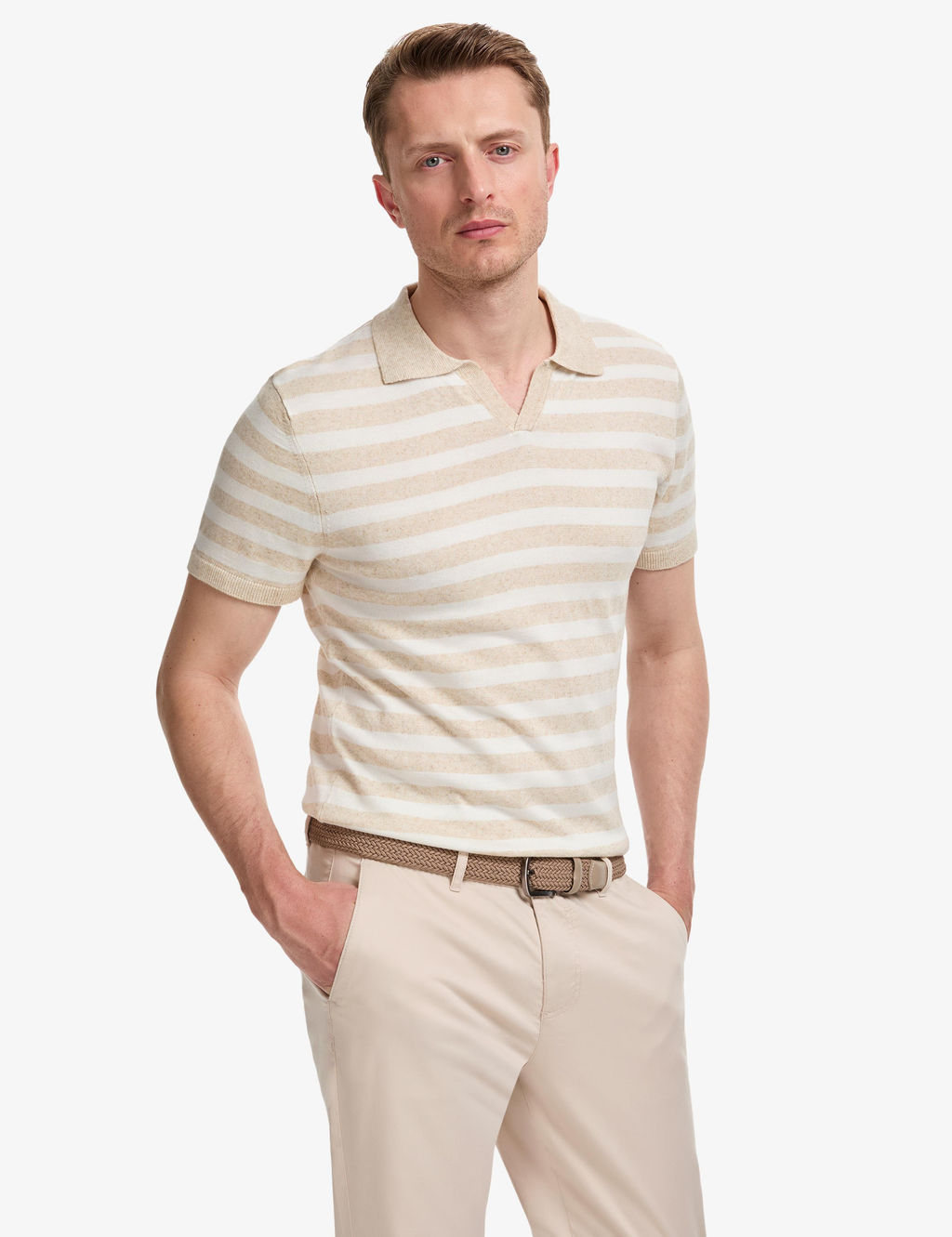 Bej Slim Fit Keten Kar___ml_ Apa_ Yaka Triko Ti__rt