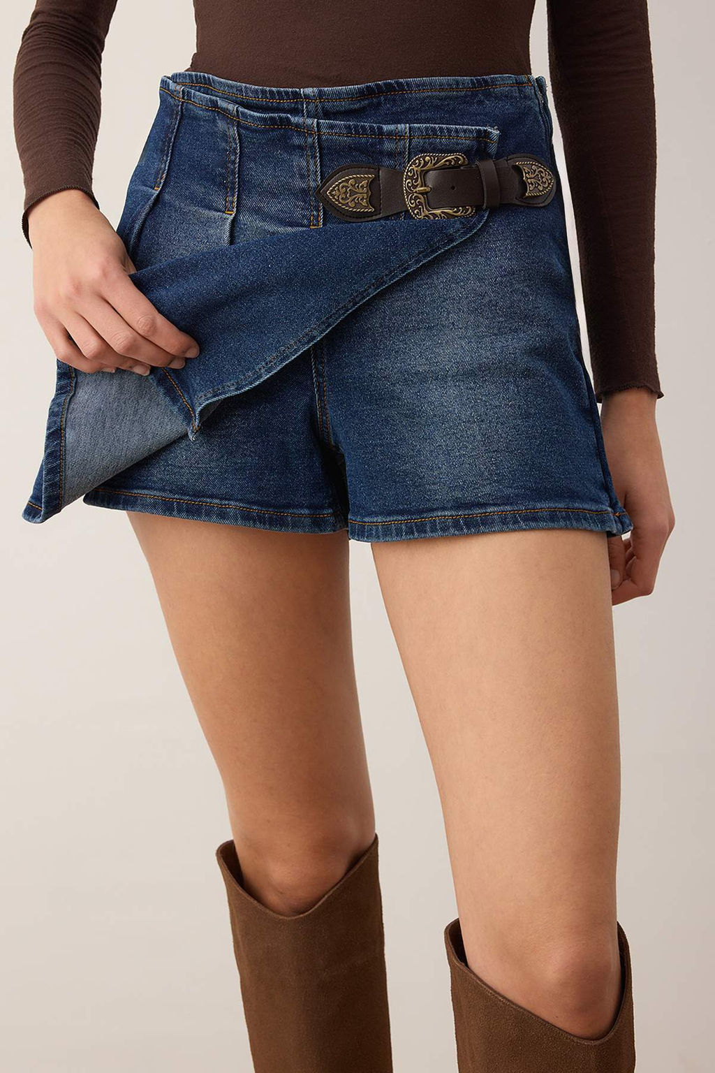 Mavi Pileli Kemer Detayl? Denim Sort Etek TWOAW26SR00042 - Trendyolmilla фото 3