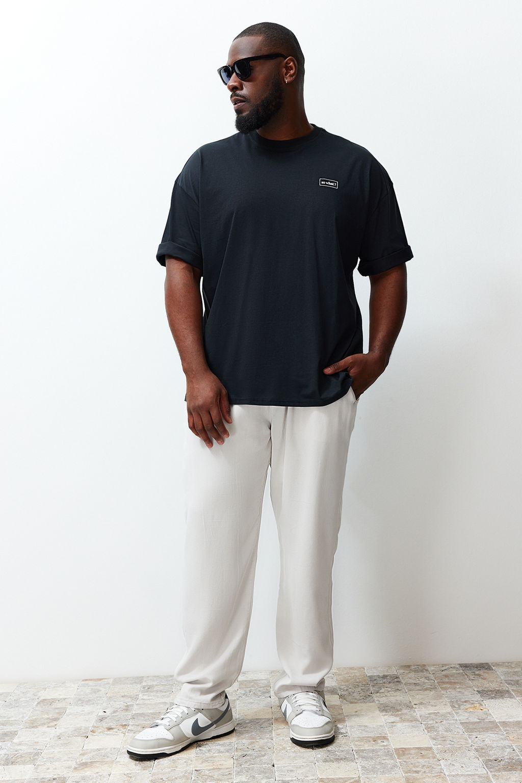 Buyuk Beden Siyah Oversize Yaz? Bask?l? %100 Pamuklu T-shirt TMNSS24BF00031