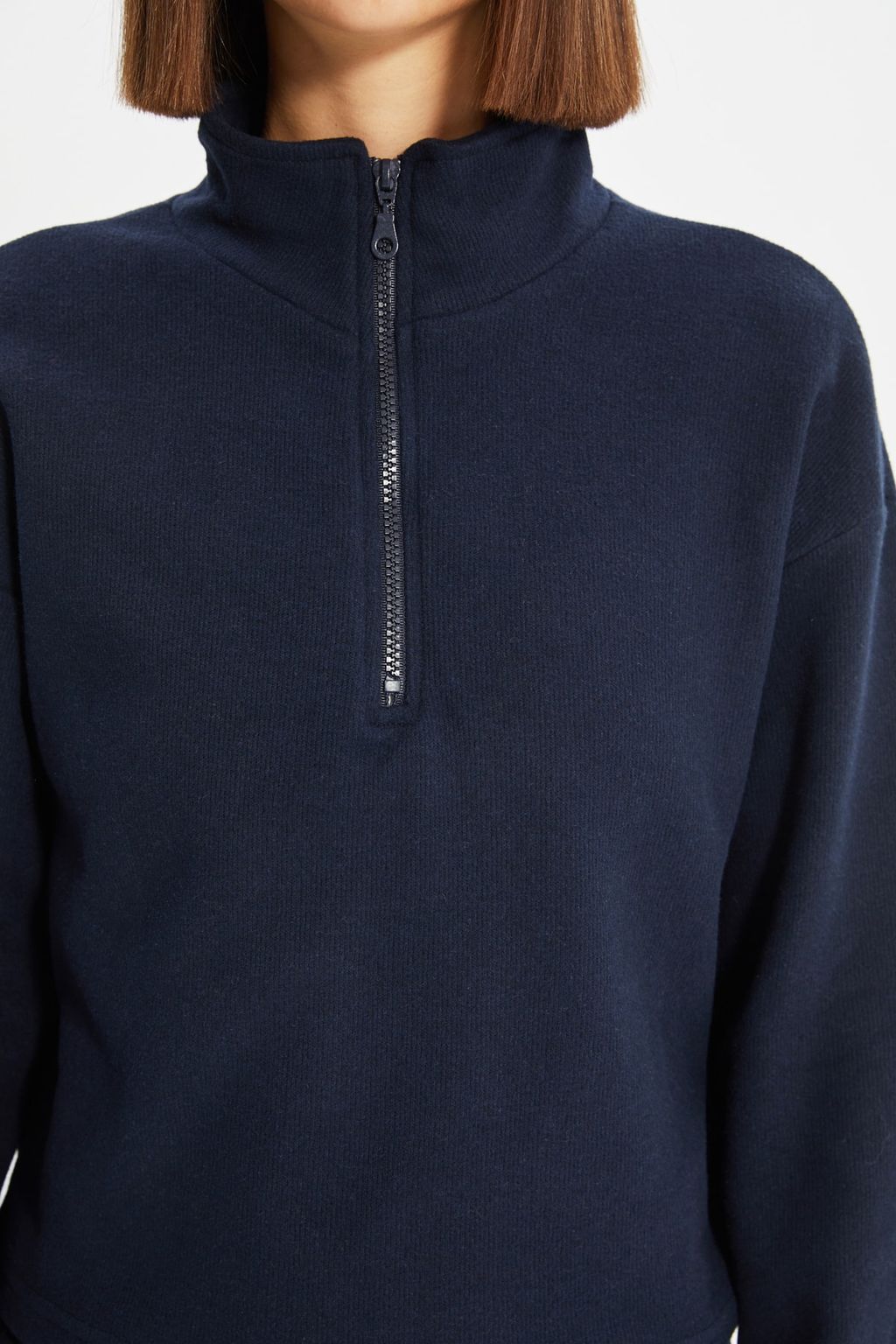 Lacivert Selanik/Triko Gorunumlu Fermuarl? Yaka Regular/Normal Kal?p Orme Sweatshirt TWOAW22SW0732