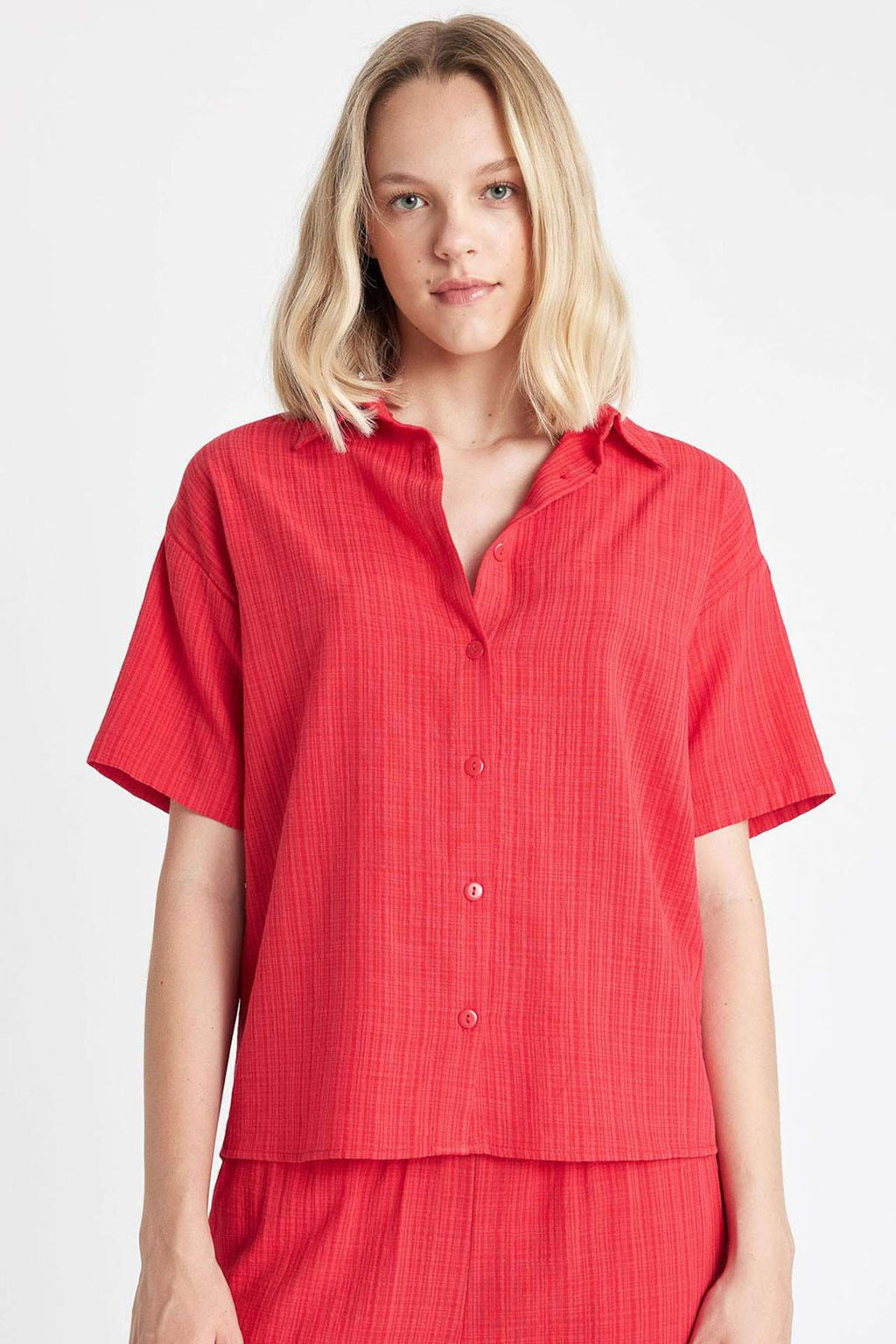 Oversize Genis Kal?p Keten Gorunumlu K?sa Kollu Gomlek - Defacto фото 4