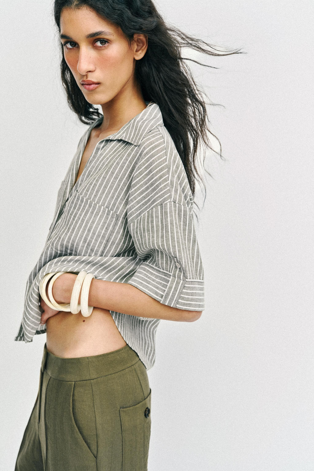 CAMISA RAYAS CON LINO / Khaki - Zara фото 7