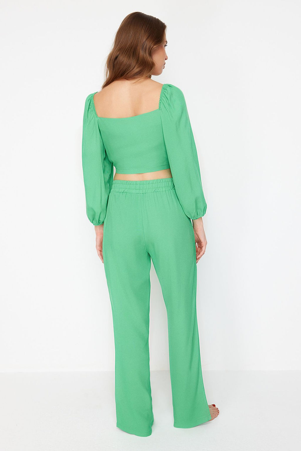 Yesil Dokuma Baglamal? Bluz Pantolon Plaj Tak?m TBESS23AU00072