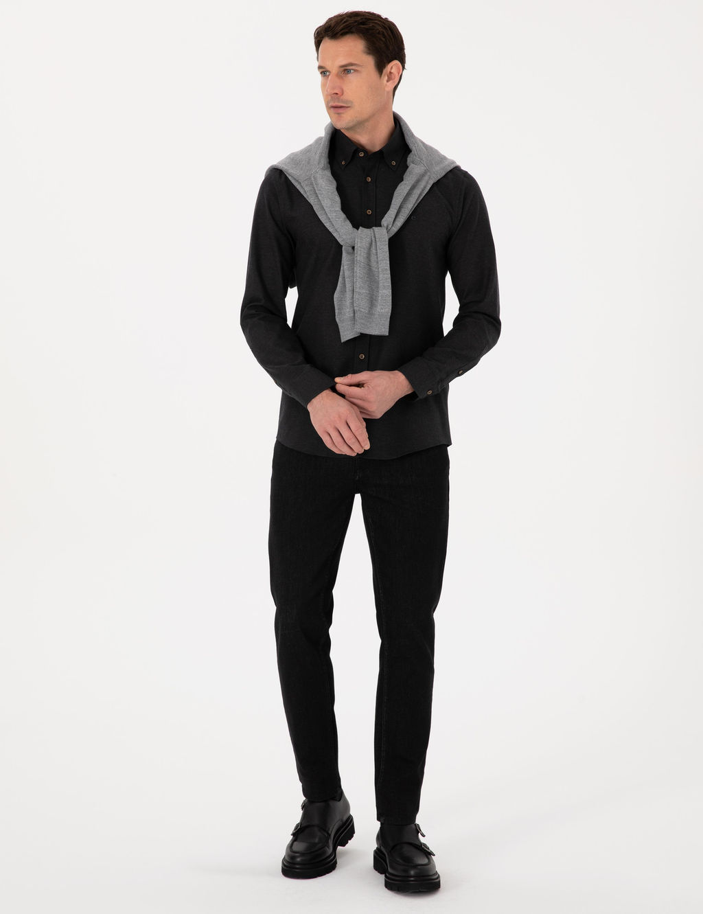 Siyah Slim Fit %100 Pamuk Yakas_ D__meli Flanel G_mlek