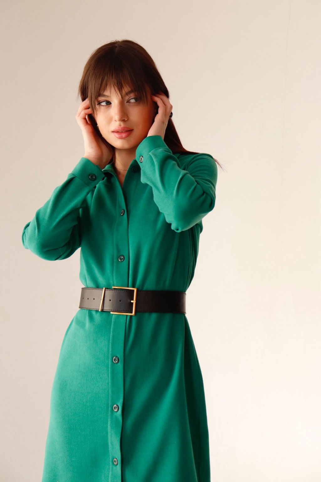 Платье-рубашка из микровельвета зелёное - Martichelli фото 10