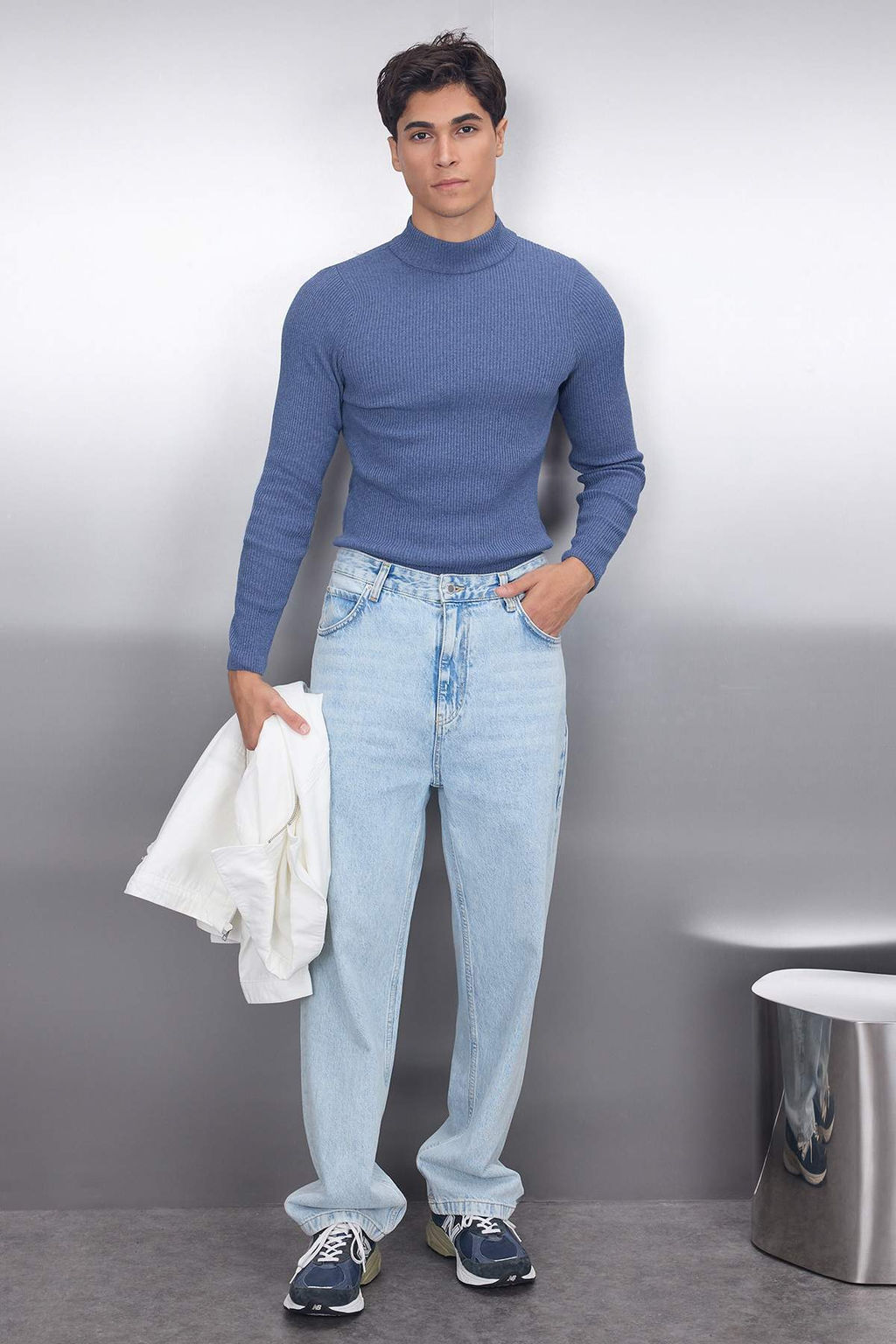 Indigo Fitted Dar Kal?p Pamuklu Yar?m Bal?kc? Yaka Fitilli Triko Kazak TMNAW21KZ0568