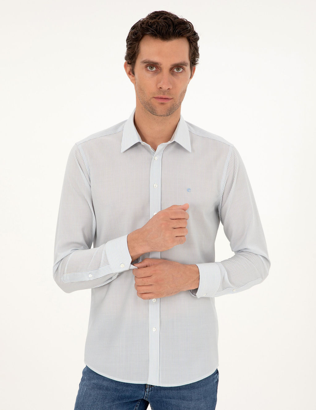 Синяя шерстяная рубашка приталенного кроя в полоску - Cacharel фото 3