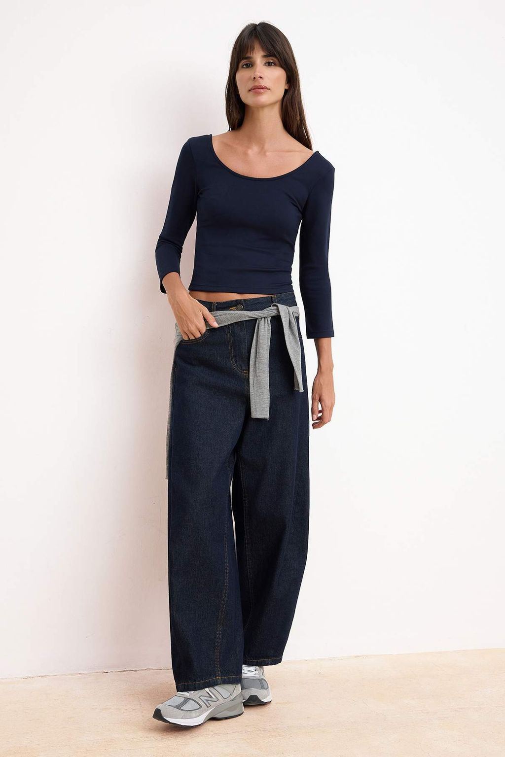 Lacivert Fitted/Vucuda Oturan Havuz Yaka Ay Kol Truvakar Interlok Orme Bluz TWOSS26BZ00639 - Trendyolmilla фото 2