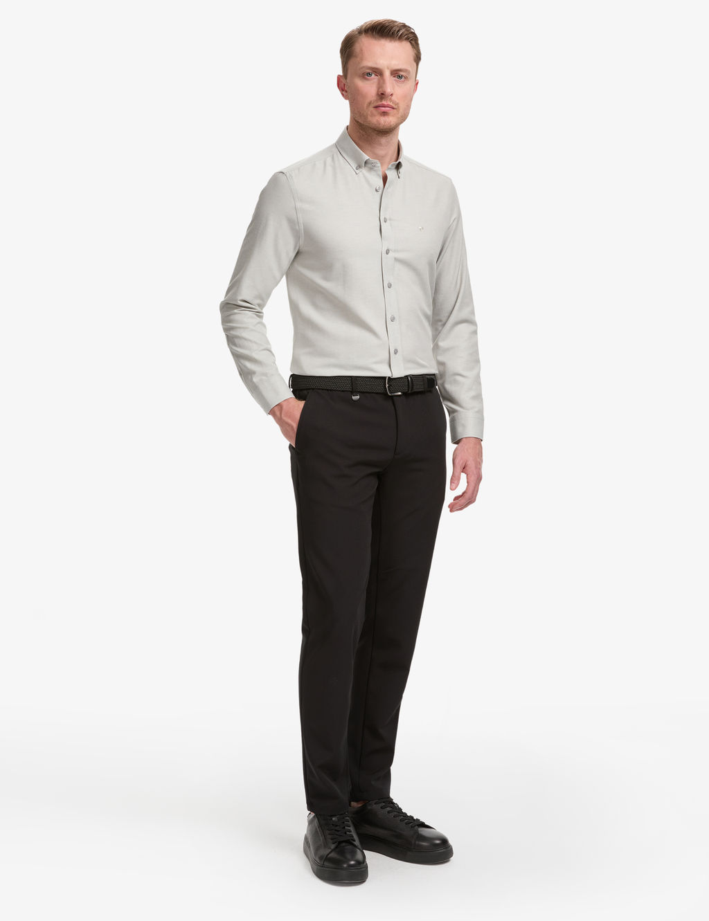 Gri Oxford Slim Fit Kolay _t_lenebilir G_mlek
