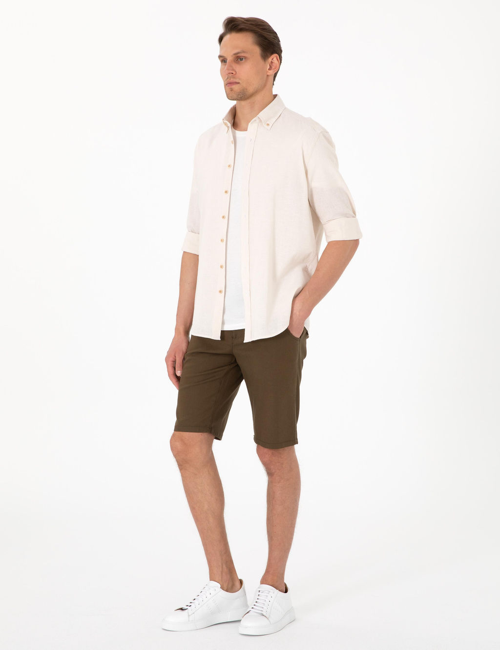 Рубашка Pierre Cardin Regular Fit бежевая с льном