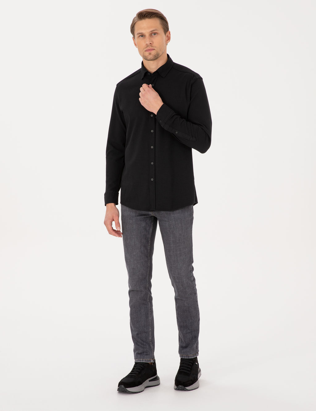 Siyah Esnek Slim Fit _izgili Uzun Kollu G_mlek