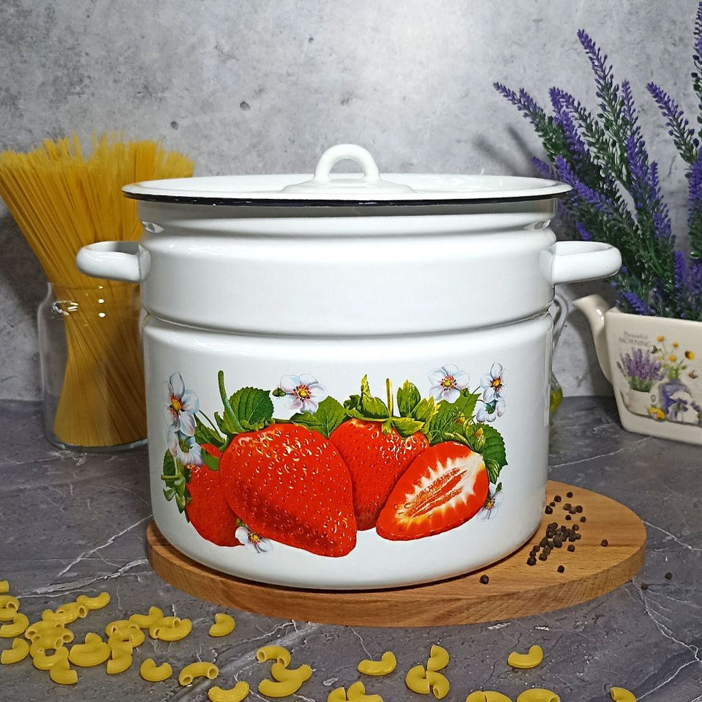 Кастрюля 9,0л цил. белосн. Клубника садовая 1с200с - Стальэмаль фото 2