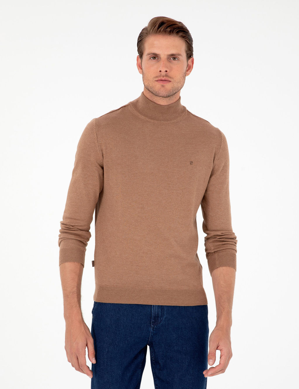 Camel Melanj Slim Fit Yar_m Bal_k__ Yaka Basic Triko Kazak