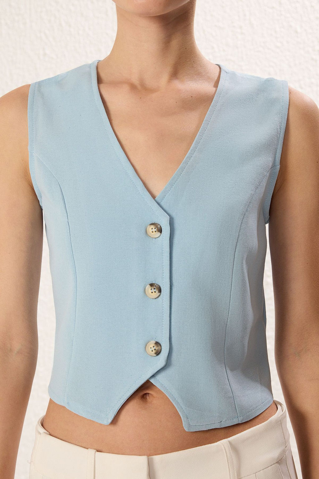 Mavi Regular Pamuk Crop Keten Dokuma Yelek TWOSS24YE00024