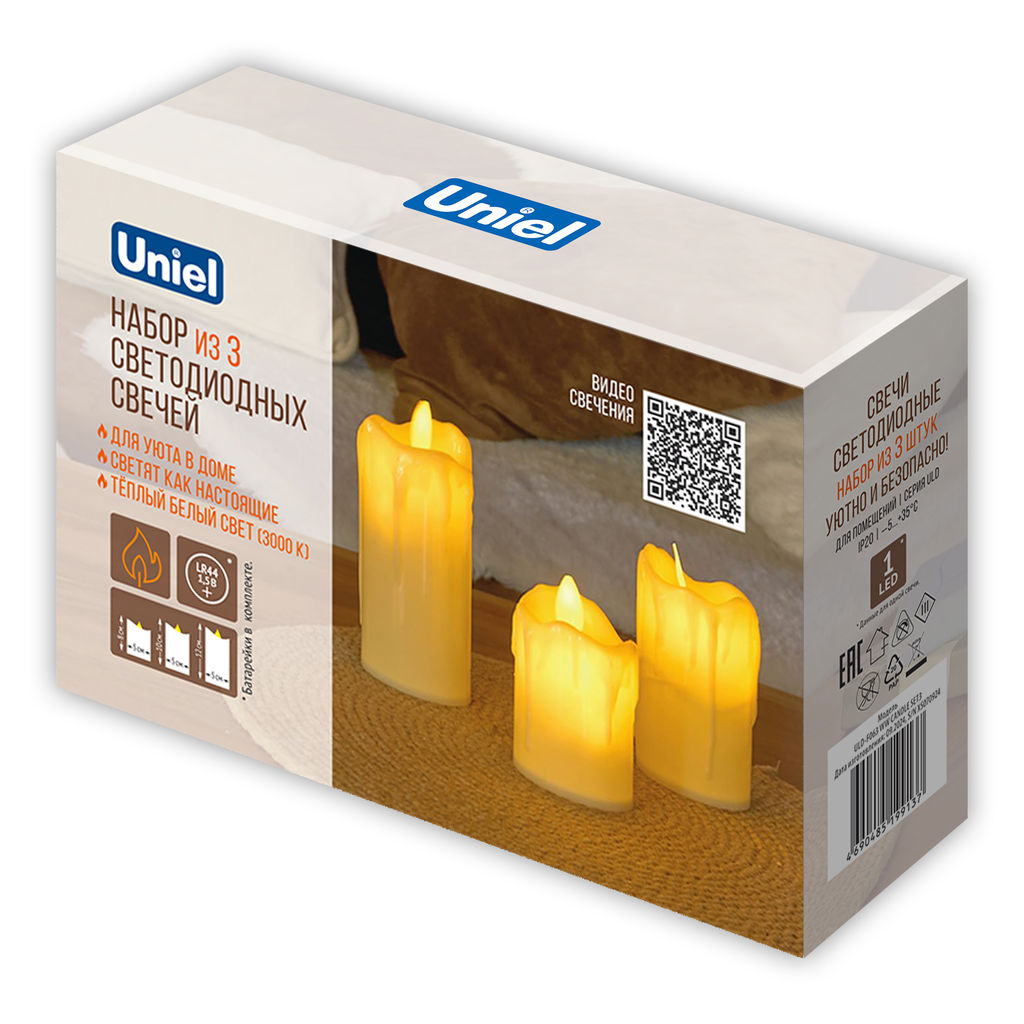ULD-F063 WW CANDLE SET3 Фигура светодиодная Свеча на батарейках LR44 (в/к), в составе набора из 3 штук. 1 светодиод. Теплый белый свет. TM Uniel