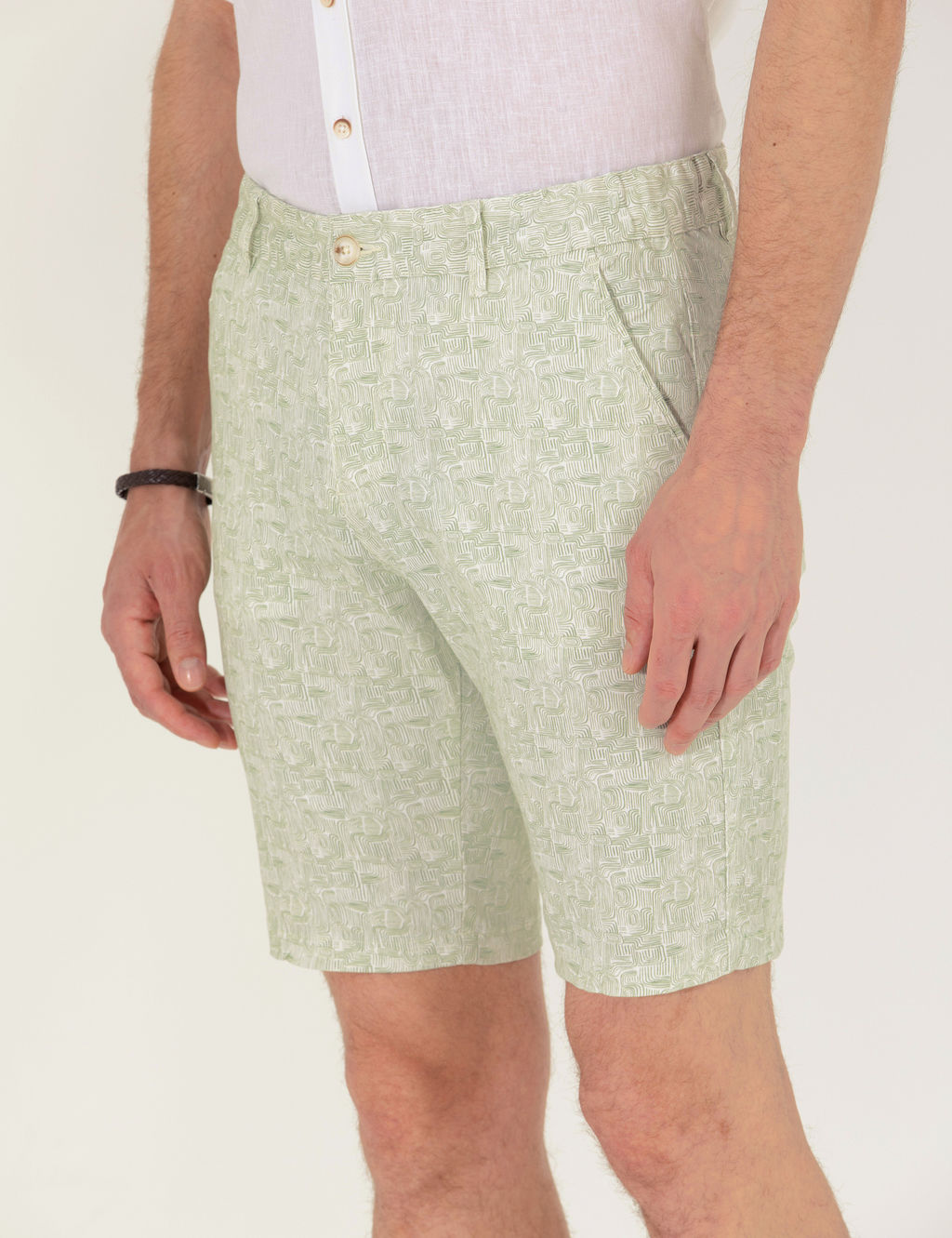 Haki Slim Fit Beli Lastikli Desenli Bermuda _ort