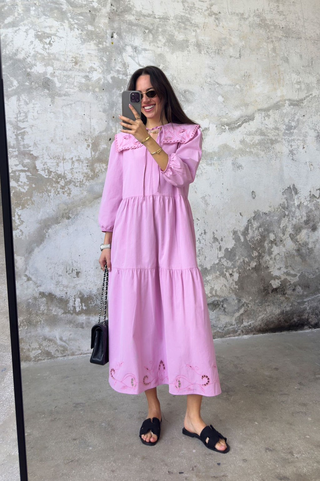 TRENDYOLMILLA Lila Duz Kesim Nak?s Detayl? Midi Dokuma Elbise TWOSS25EL00061