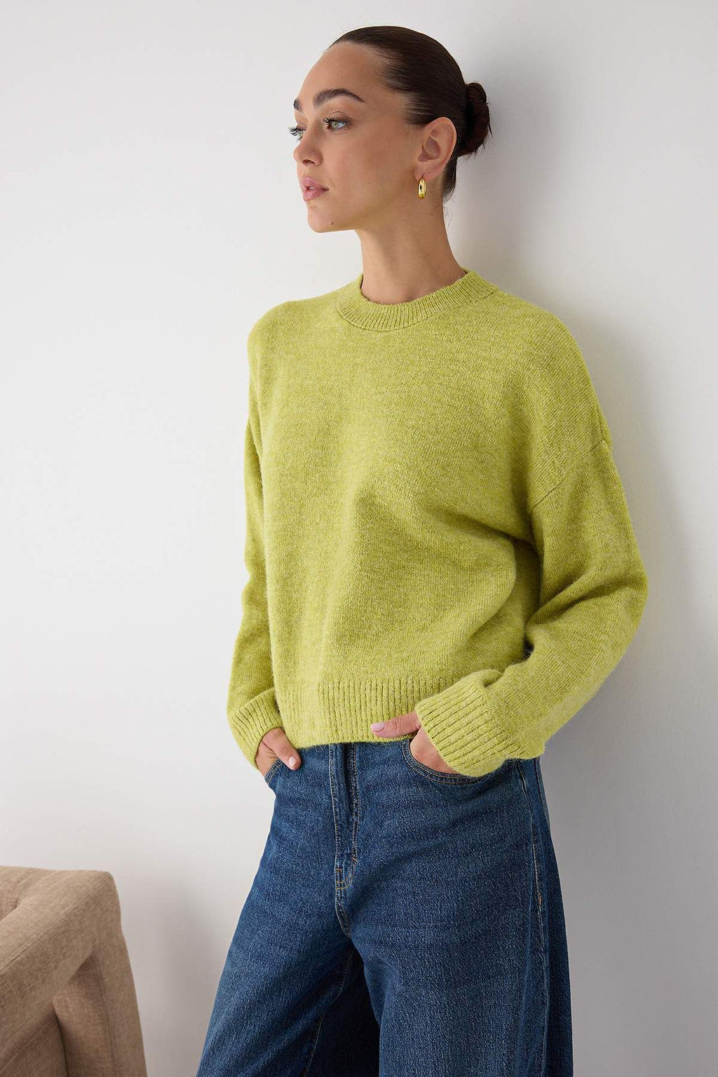 Wardrobe Essentials Yesil Alpaka Yun Kar?s?ml? Premium Iplik Genis Kal?p Triko Kazak|TWOAW26KZ00080