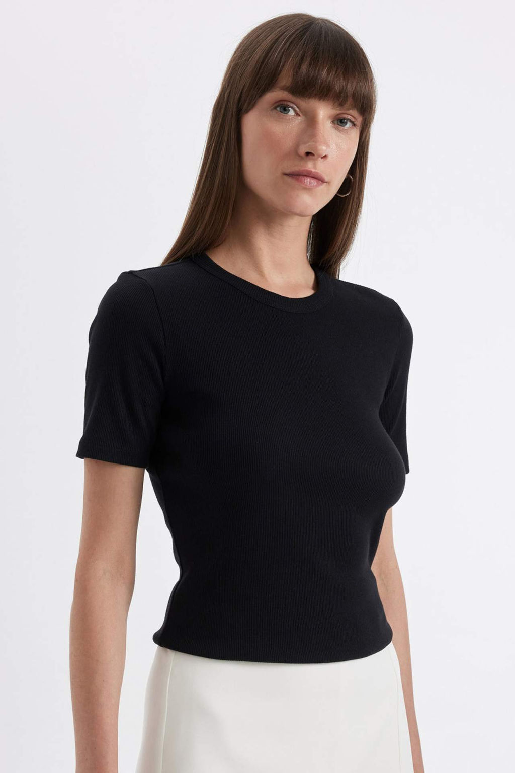 Slim Fit Dar Kesim Bisiklet Yaka Fitilli Kaskorse Basic Duz K?sa Kollu Tisort - Defacto фото 5