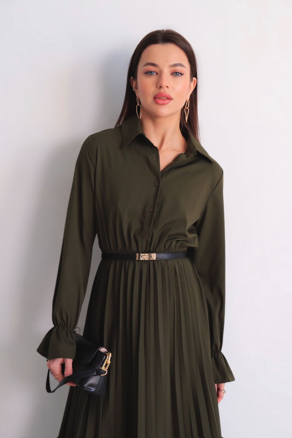 Martichelli Платье рубашка с юбкой-плиссе хаки фото 5