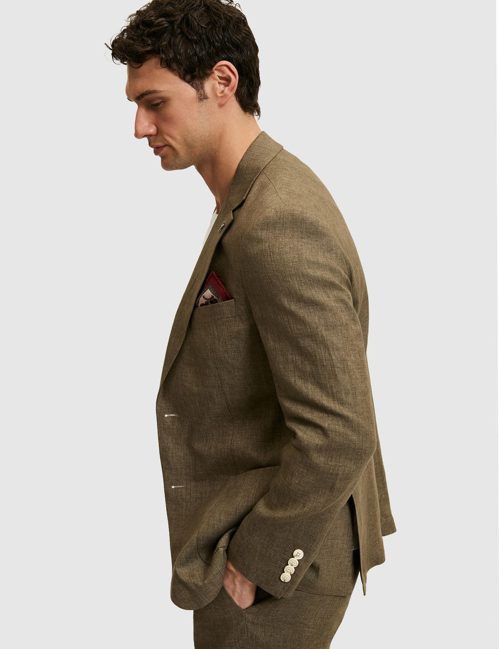 Haki Slim Fit %100 Keten Mikro Desen Mono Yaka Ceket