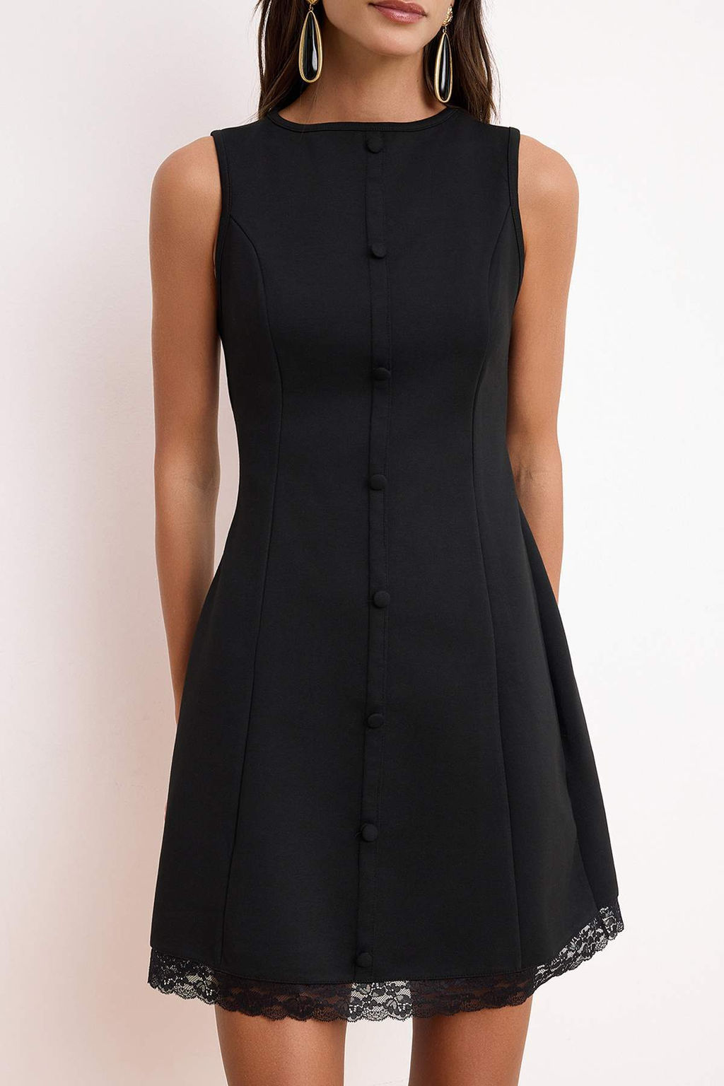 Siyah A-Kesim/Can Form Kay?k Yaka Kolsuz Dantel Detayl? Mini Interlok Orme Elbise TWOSS26EL00253