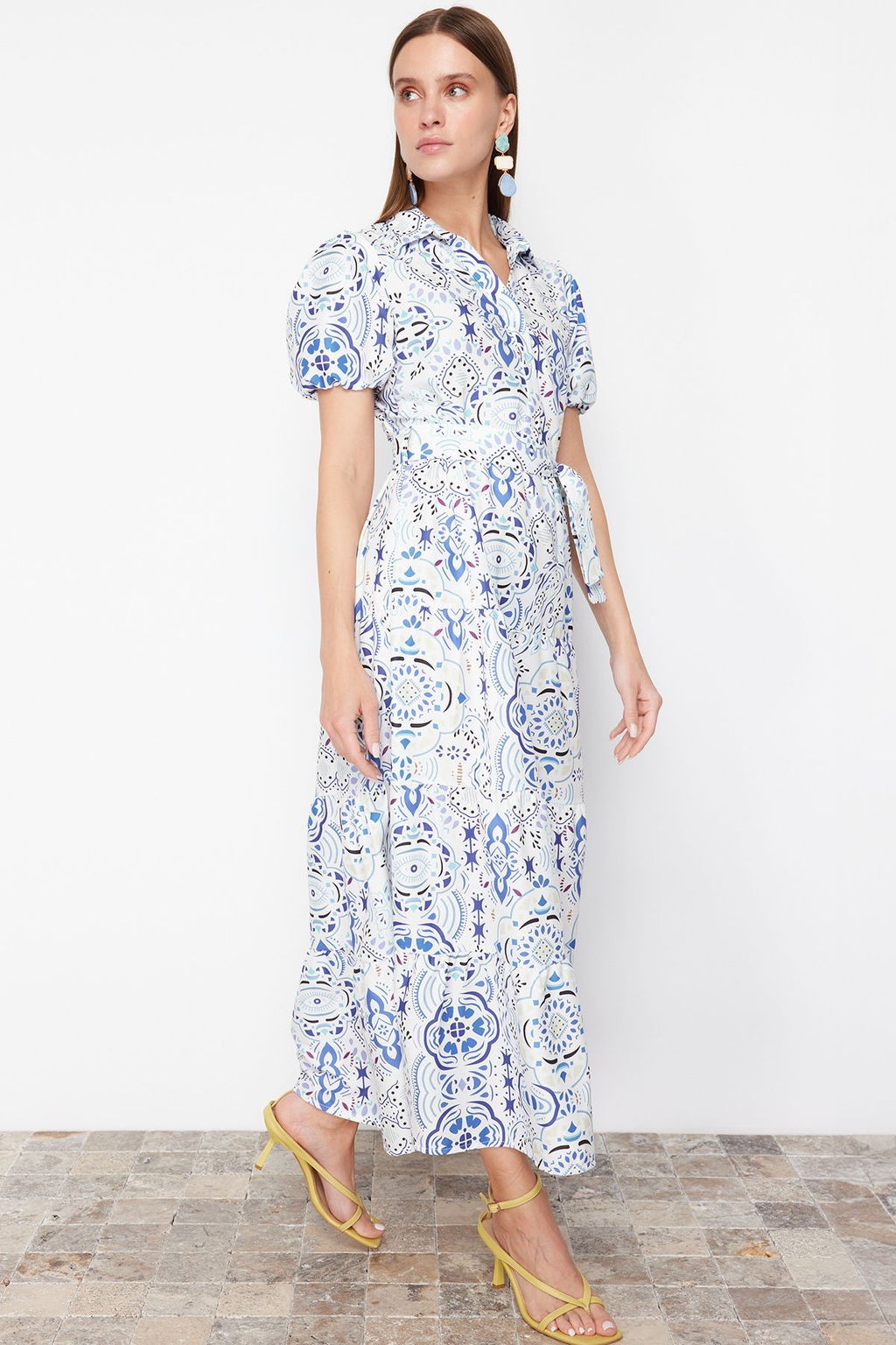 Mavi Genis Kesim Gomlek Yaka Maxi Dokuma Elbise TWOSS24EL00861