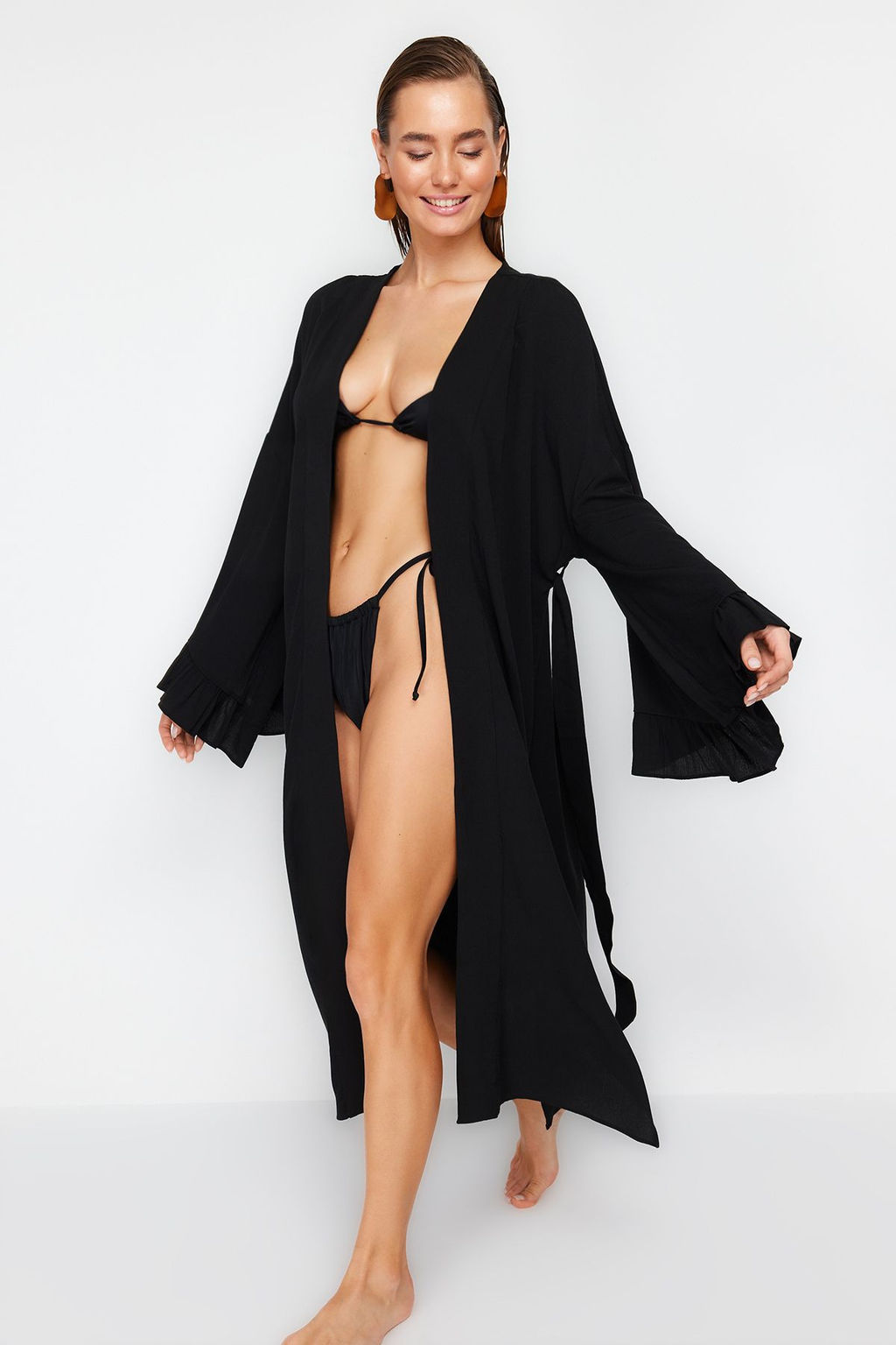 Plaj Giyim Siyah Kusakl? Maxi Dokuma F?rf?rl? Flaml? Pamuk Kimono&Kaftan TBESS24KM00026